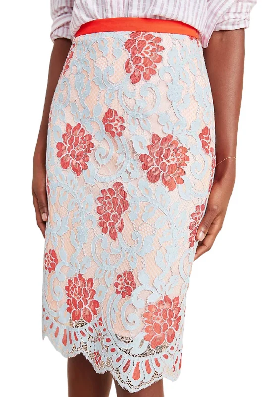 Women's Comfortable Garments Stylish Savings Pencil-Style Floral Skirt In Pale Blue/red Women's Comfortable Garments Stylish Savings Pencil-Style Floral Skirt In Pale Blue/red