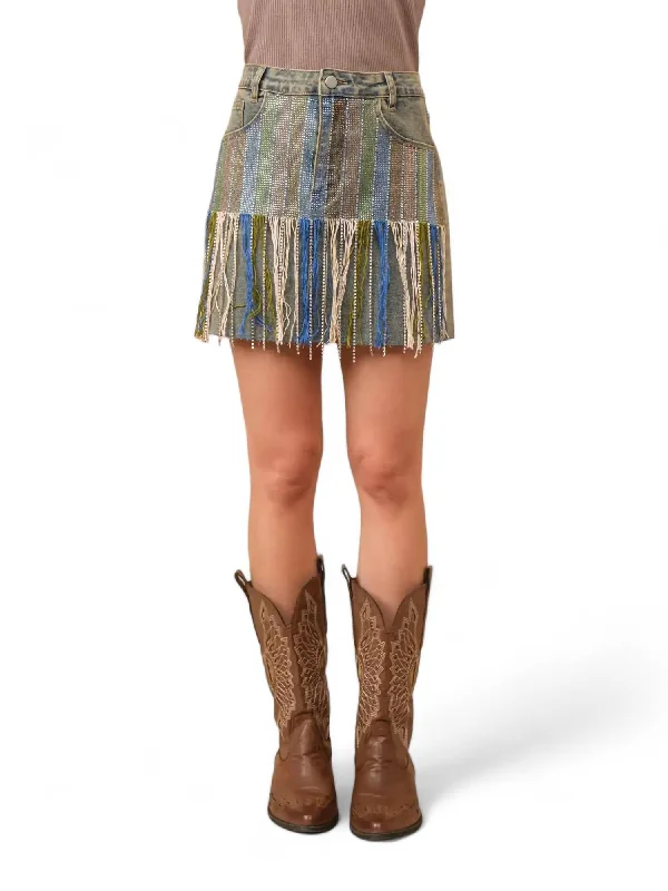 Weekend Sale Seasonal Fashion Rhinestone Fringe Front Mini Denim Skirt In Blue