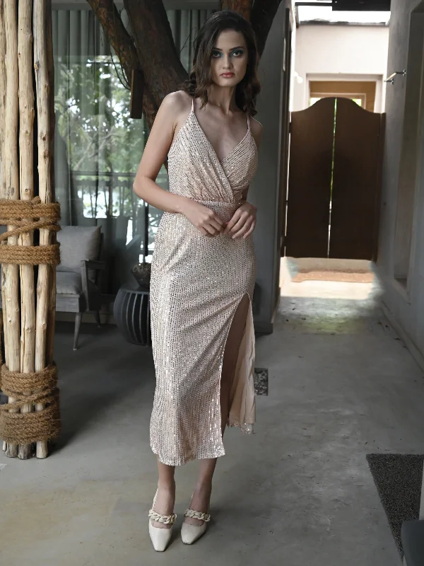 Odette Women Beige Net Lycra And Sequins Padded Side Slit Long Stitched Dress