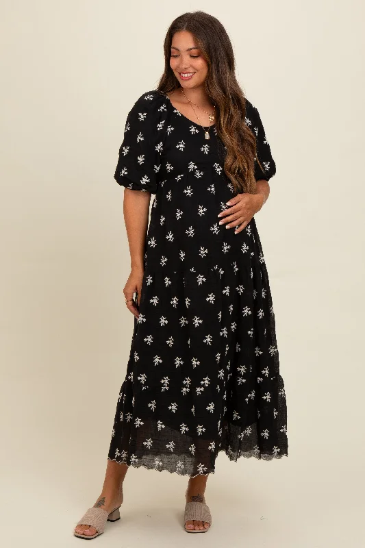 Black Floral Puff Sleeve Maternity Midi Dress