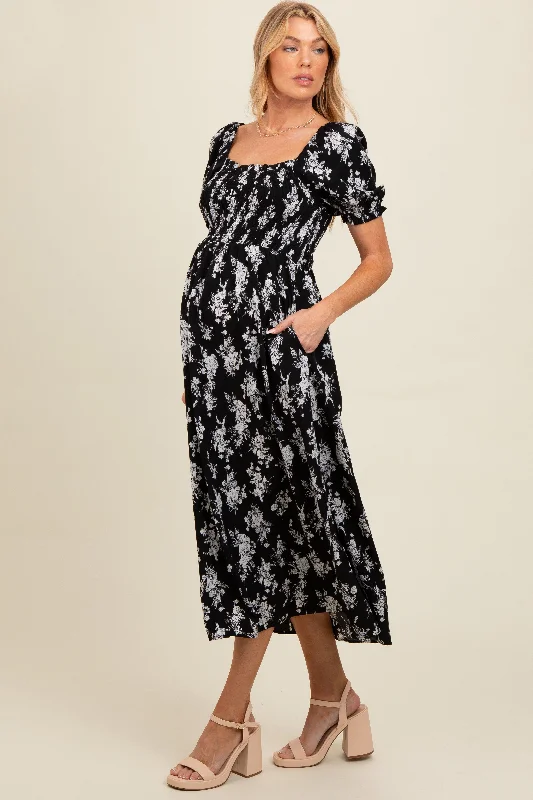 Black Floral Smocked Sweetheart Neckline Maternity Midi Dress