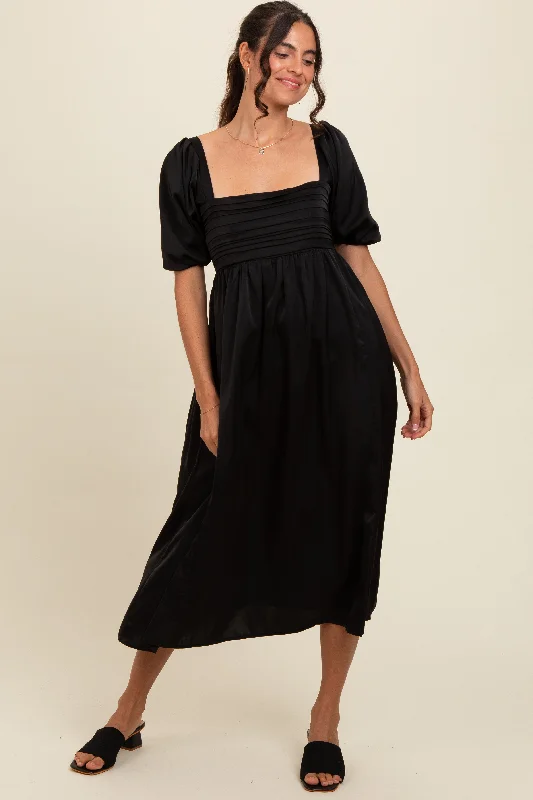 Women Wear Boutique Casual Chic Black Satin Pleated Bodice Puff Sleeve Midi Dress