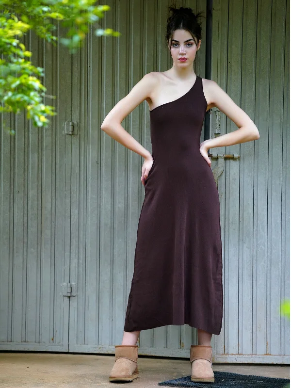 Odette Women Brown Ribbed Cotton Solid Long Stitched Dress