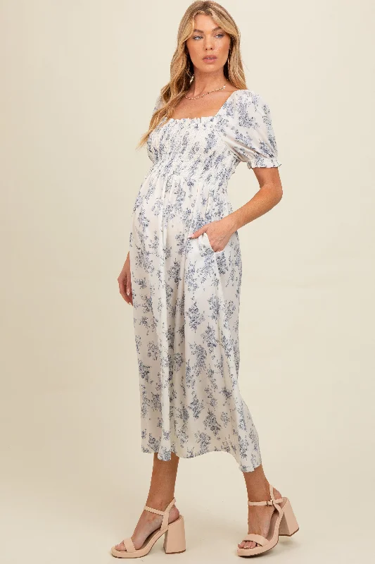 Ivory Floral Smocked Sweetheart Neckline Maternity Midi Dress