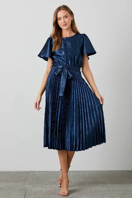 Online Shopping Boutiques Shop Sales Navy Satin Pleated Sash Tie Midi Dress
