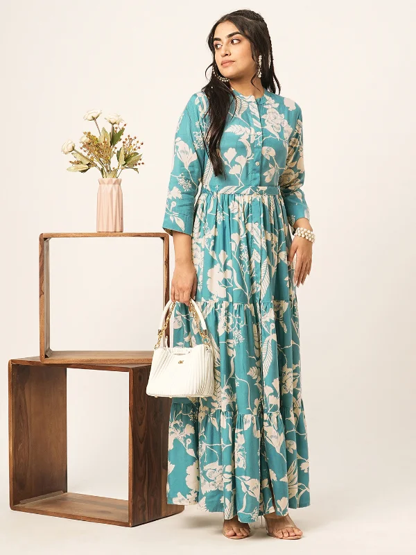 Odette Blue Muslin Printed Indo Western Dress For Women