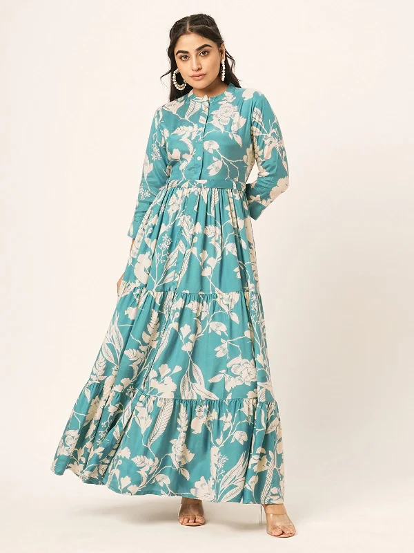 Odette Blue Printed Cotton Stitched Indo Western Dress for Women