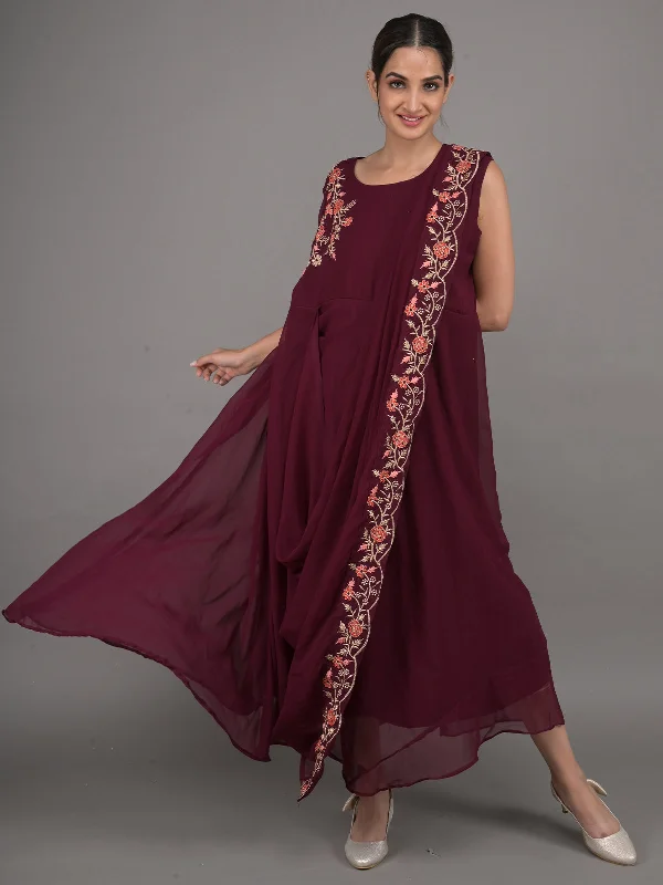 Odette Purple Crepe Embroidered Stitched Indo-Western Dress For Women