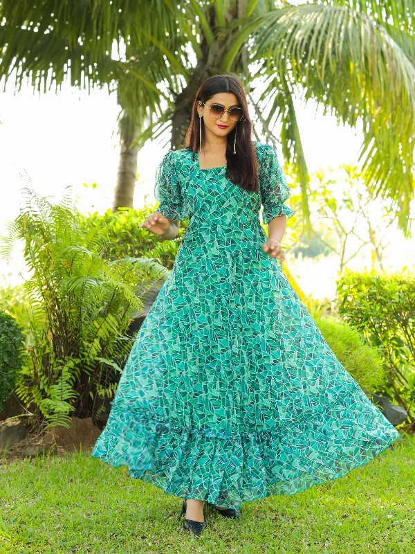 Odette Sea Green Georgette Stitched Printed Indo Western Dress For Women