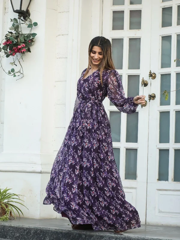 Odette Violet Chiffon Stitched Printed Indo Western Dress For Women