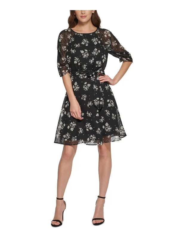 Petites Womens Floral Print Knee Fit & Flare Dress