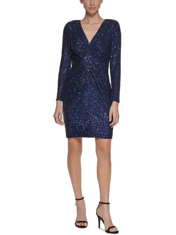 Petites Womens Sequined V-Neck Cocktail and Party Dress