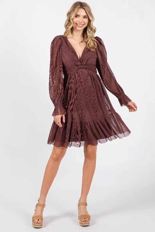 Affordable Women's Clothing Sale Online Special Offers Plum Pleated Knotted Long Sleeve Dress Affordable Women's Clothing Sale Online Special Offers Plum Pleated Knotted Long Sleeve Dress