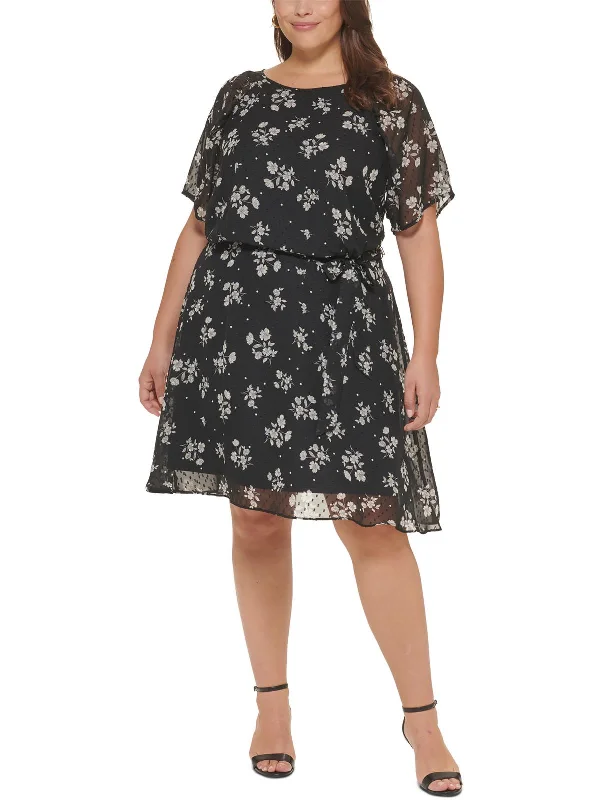 Plus Womens Chiffon Floral Fit & Flare Dress