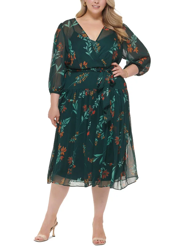 Plus Womens Chiffon Floral Fit & Flare Dress