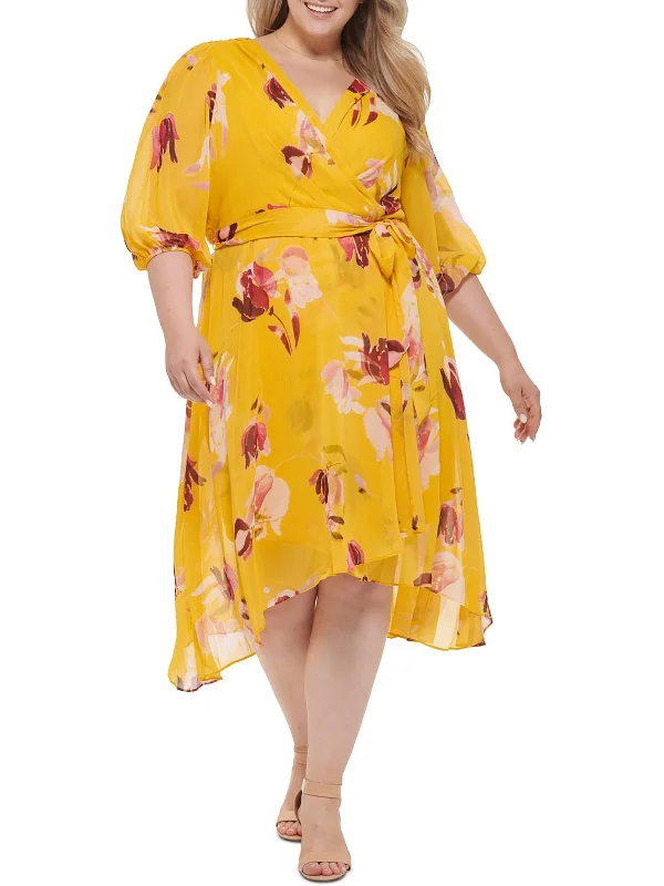 Plus Womens Chiffon Floral Wrap Dress