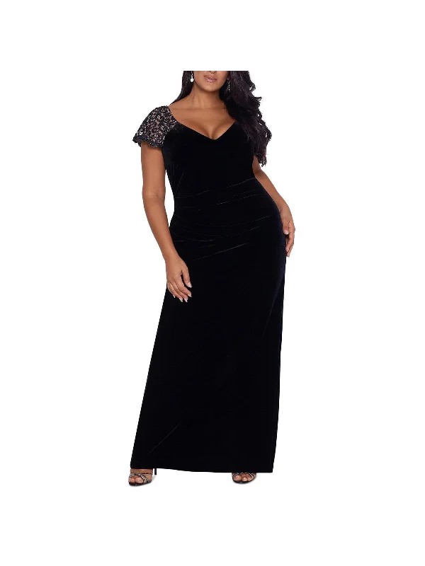 Plus Womens Velvet V-Neck Evening Dress