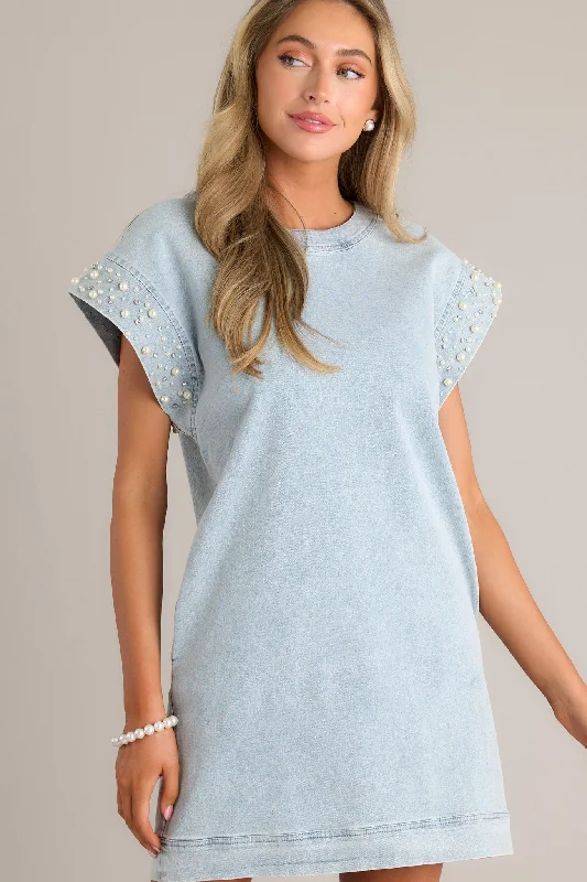 Purely Posh Light Wash Cap Sleeve Mini Dress