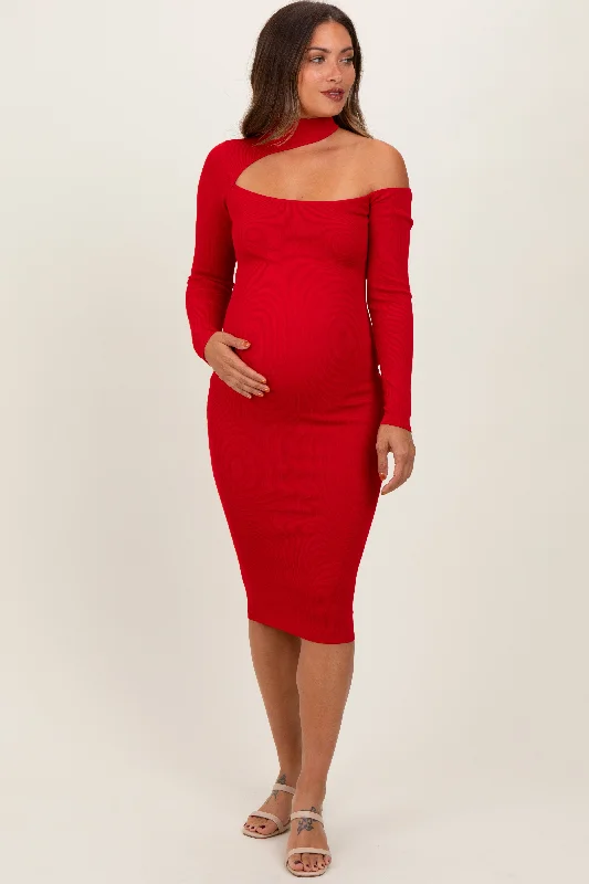 Sale On Sale Exquisite Women's Wear Sale Red Mock Neck Cutout Maternity Fitted Midi Dress