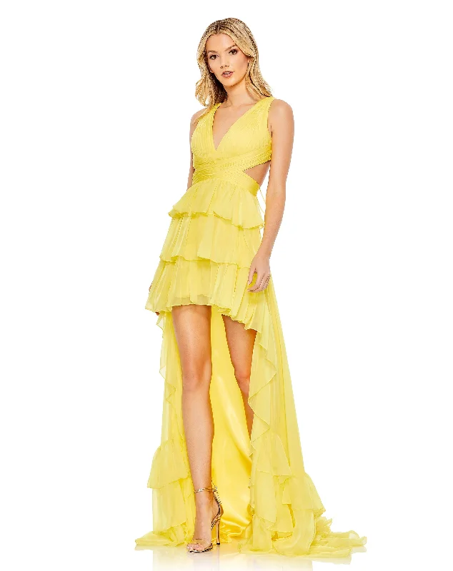 Women's Resort Attire Wardrobe Refresh Ruffle Tiered Cross Over High Low Gown