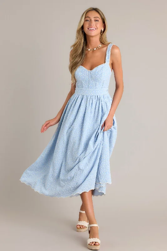 Stitched Serenity Light Blue Embroidered Midi Dress