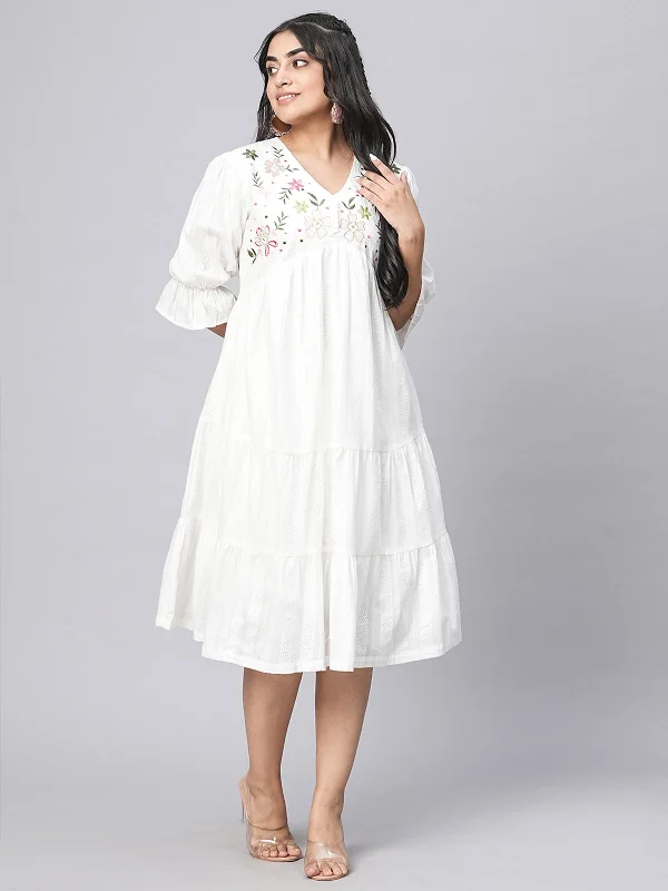 Odette White Cotton Embroidered Fit and Flared Stitched Indo Western Dress for Women