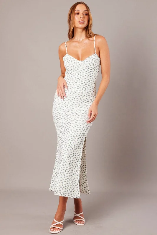 White Ditsy Maxi Dress Sweetheart Neck Bodycon Textured