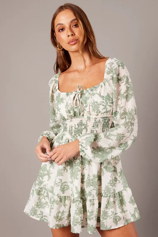 White Floral Fit and Flare Dress Long Sleeve Ruched Bust