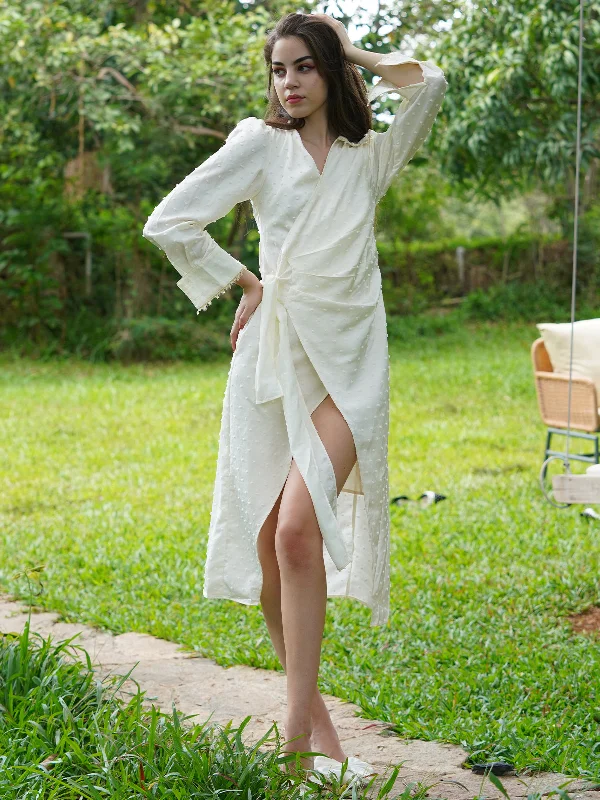 Odette Women White Satin With Dobby Long Time Stitched Dress