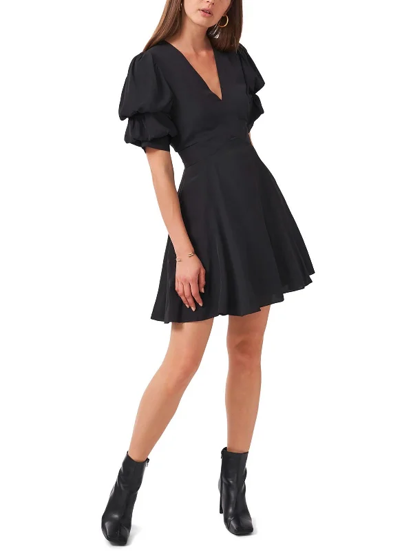 Womens Puff Sleeve V-Neck Fit & Flare Dress