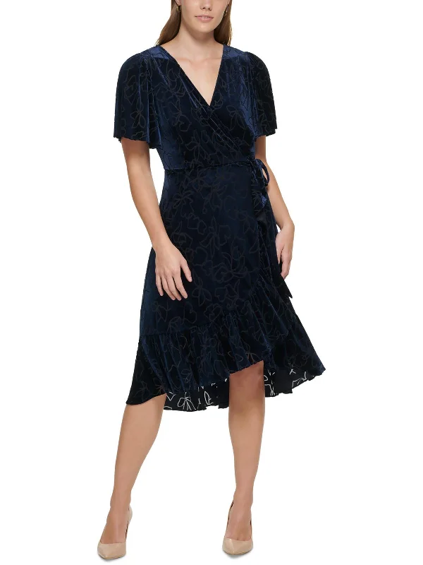 Womens Velvet Midi Wrap Dress