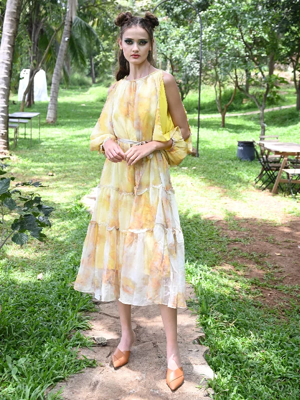 Odette Women Yellow Polyester Chiffon Printed Long Stitched Dress