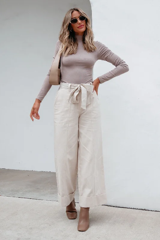 Women's Trendy Attire Fashion Forward Belted Wide Leg Cuffed Pants - Natural