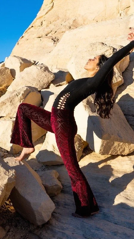 Casual Attire For Women Weekend Exclusive Maroon Chevron Burnout Velvet Slim Bells