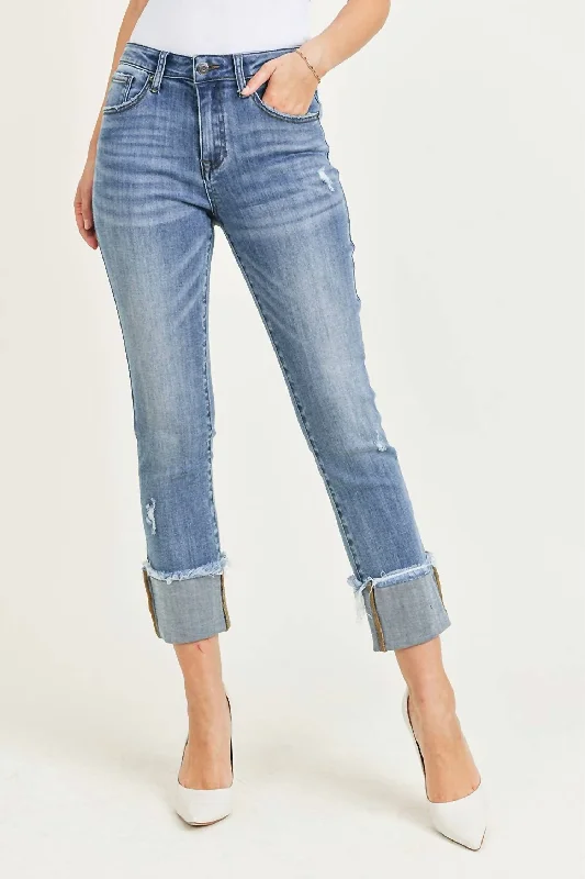 Raw Hem Cuffed Slim Straight Leg Jeans In Blue