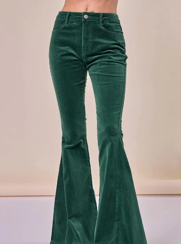 Women's Sports Apparel Relaxed Style Women's Boho Lightweight Corduroy Bellbottom Pants In Green Women's Sports Apparel Relaxed Style Women's Boho Lightweight Corduroy Bellbottom Pants In Green